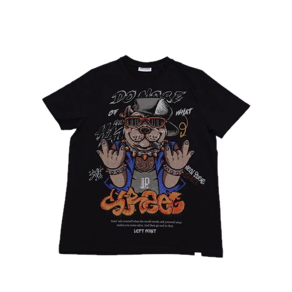 [PLANG0411] Left Point Crystal Dog Blue with glasses T-Shirt (G, Negro)